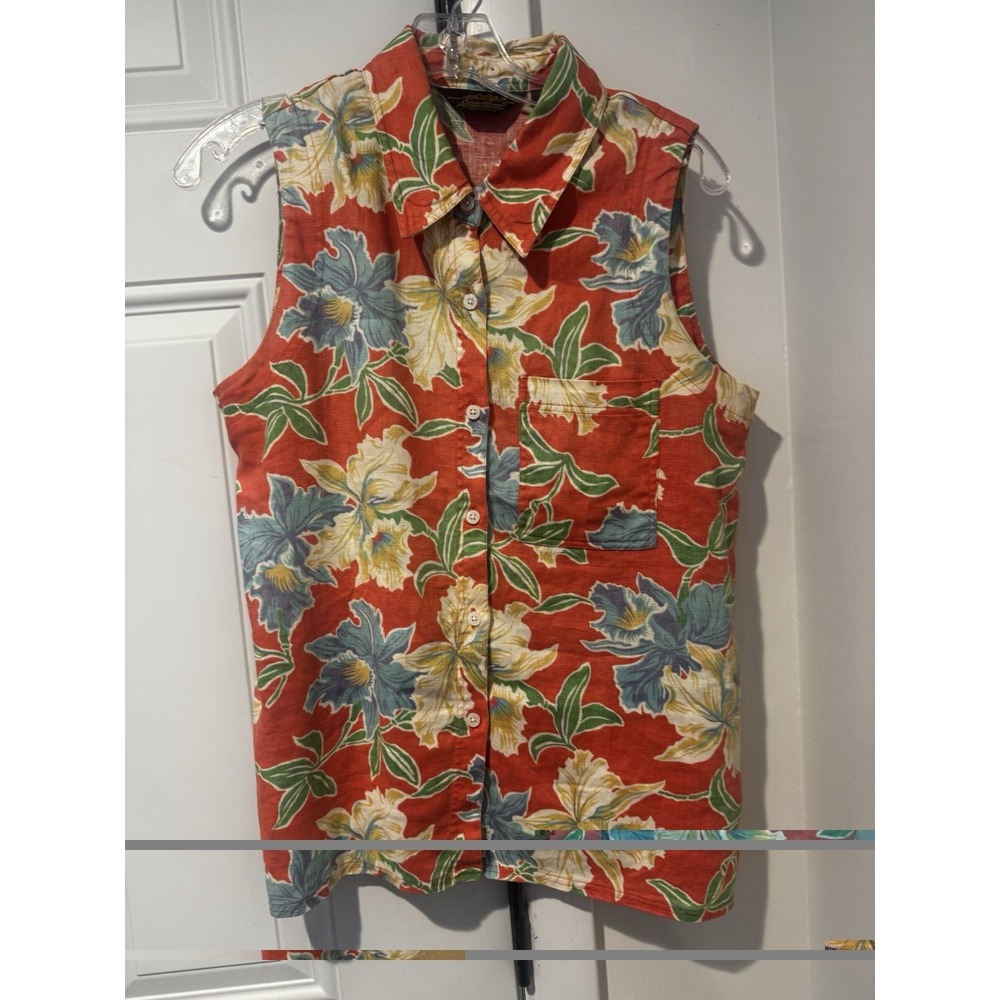 Vintage Eddie Bauer Women's Sleeveless Floral Linen Button Down Shirt Pocket S